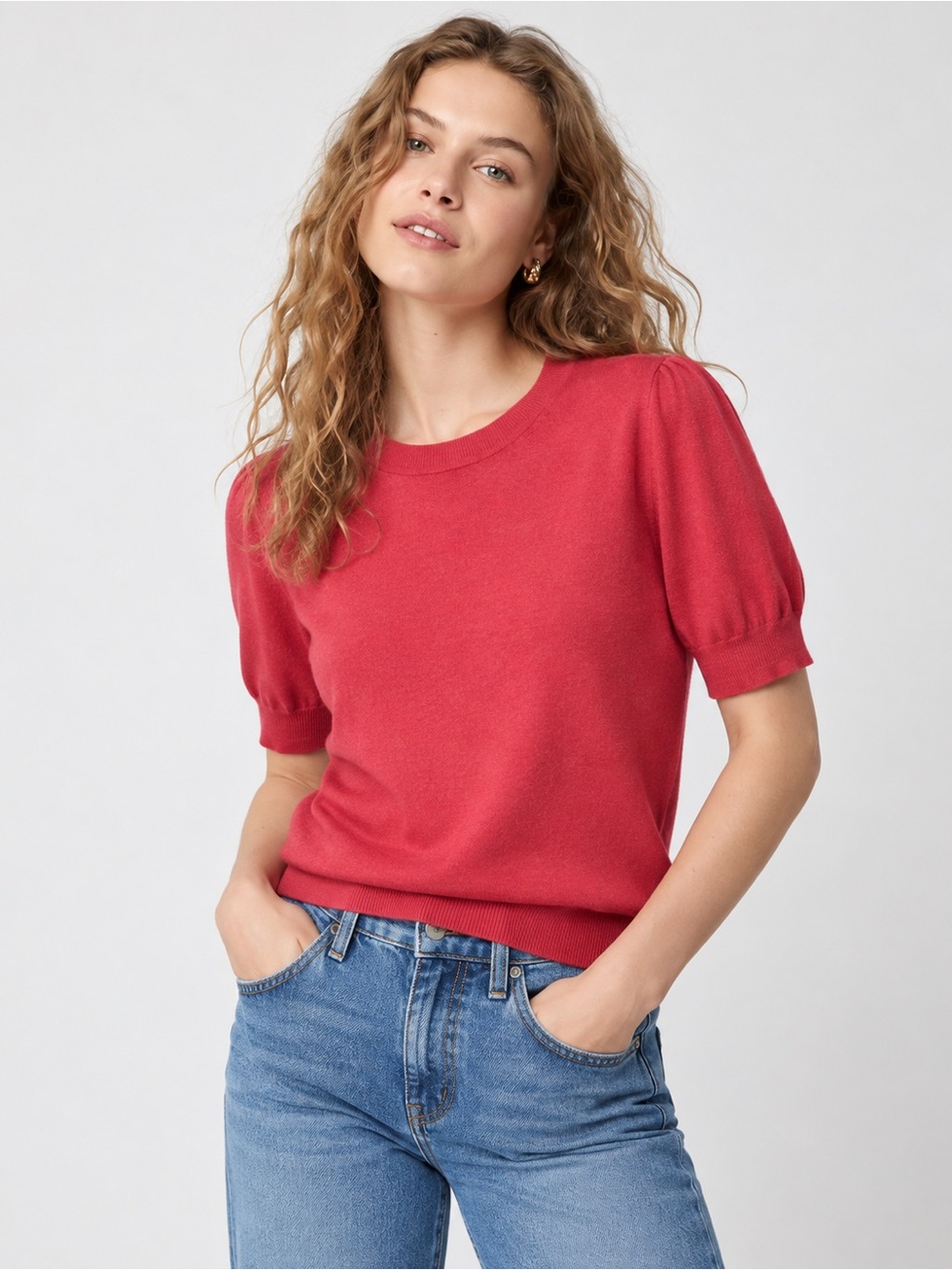 J. Crew Raspberry Puff-Sleeve Knit Top